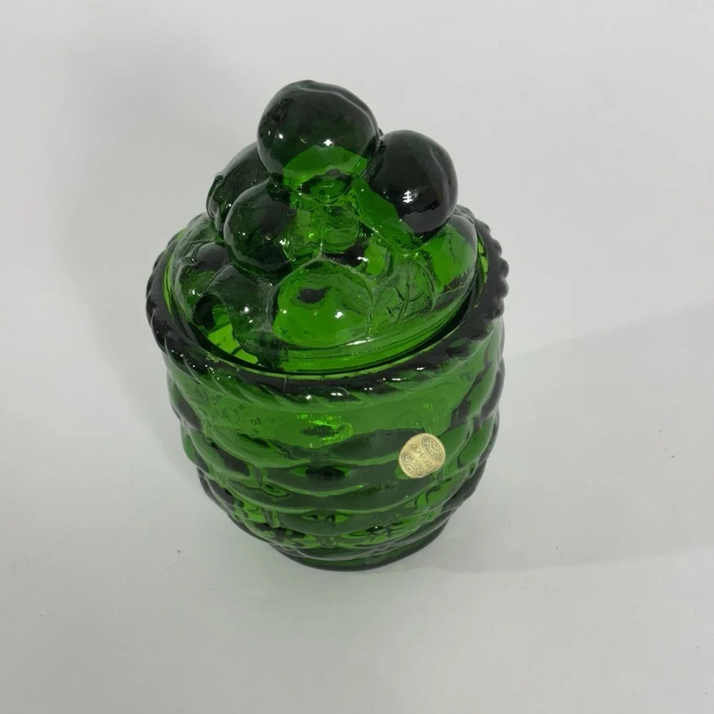 VTG Green‎ Glass Strawberry Basket Lidded Jelly Jam Jar With Spoon Slot Enesco